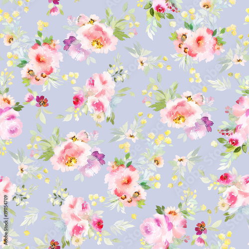 Seamless summer pattern with watercolor flowers handmade.