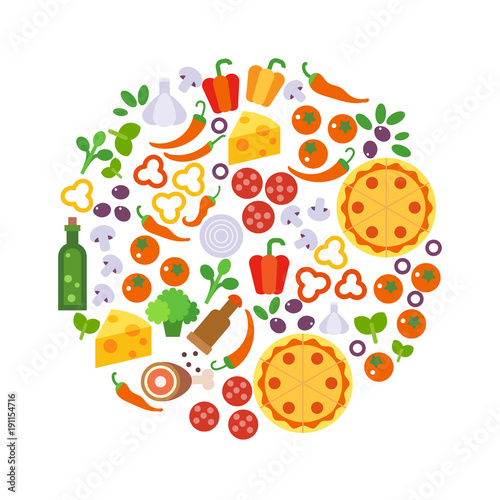 Round design element with pizza ingredients icons. Flat vector illustration isolated on white background