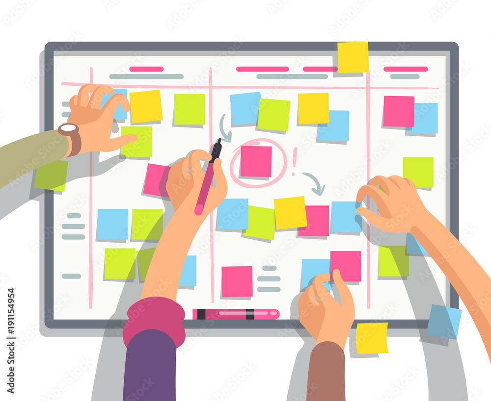 Developers team planning weekly schedule tasks on task board. Teamwork and collaboration vector flat concept Developers team planning weekly schedule tasks on task board. Teamwork and collaboration vector flat concept
