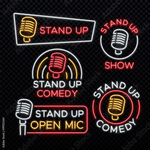 Stand Up comedy bright neon vector signs