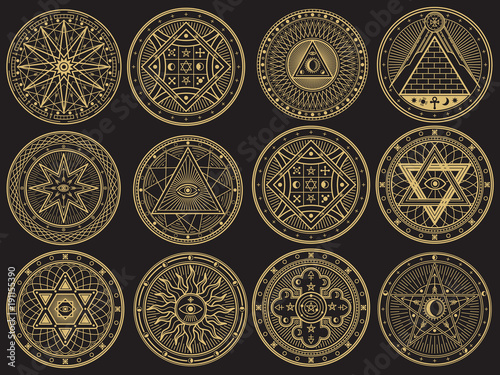 Golden mystery, witchcraft, occult, alchemy, mystical esoteric symbols