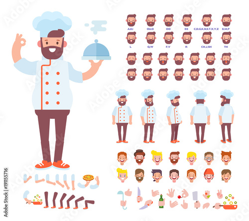 Front, side, back view animated character. Chef character creation set with various views, hairstyles, face emotions, poses and gestures. Cartoon style, flat vector illustration.