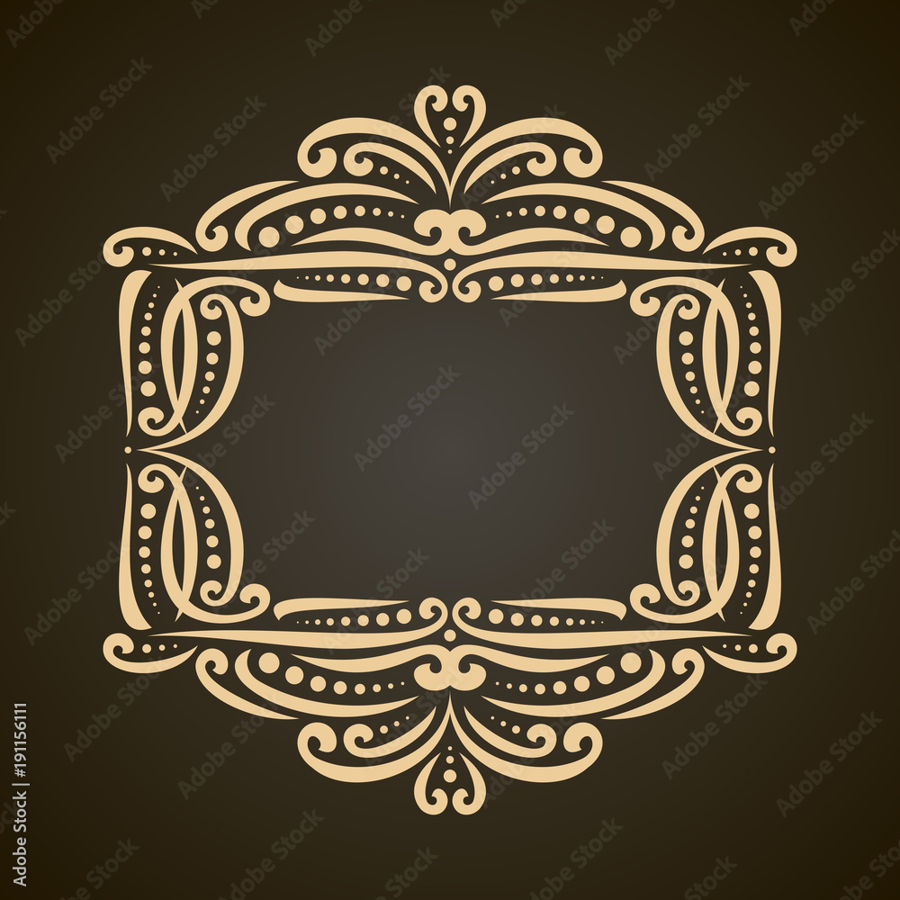 Vector decorative golden frame on dark, ornate decoration with flourishes for wedding invitation, vintage filigree border with curls and dots, ornament with sophisticated victorian design elements.