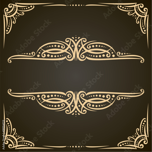 Vector decorative golden frames on dark, ornate decoration with flourishes for wedding invitation, vintage filigree dividers with curls and dots, border with sophisticated victorian design elements.