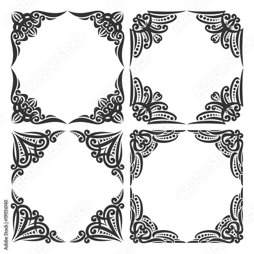 Vector set of decorative black frames on white, ornate decoration with flourishes for wedding invitation, 4 vintage borders with curls and dots, ornament with sophisticated indian design elements.