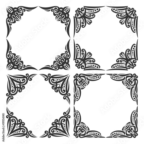 Vector set of decorative black frames on white  ornate decoration with flourishes for wedding invitation  4 vintage borders with curls and dots  ornament with sophisticated indian design elements.