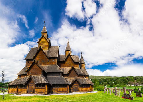 Summer sunny day at Heddal stave church, Telemark, Norway photo