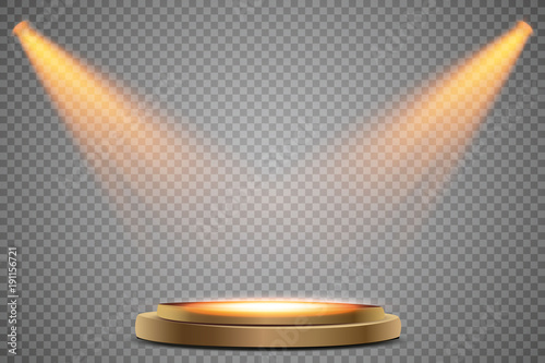 Round podium, pedestal or platform illuminated by spotlights on white background. Stage with scenic lights. Vector illustration.