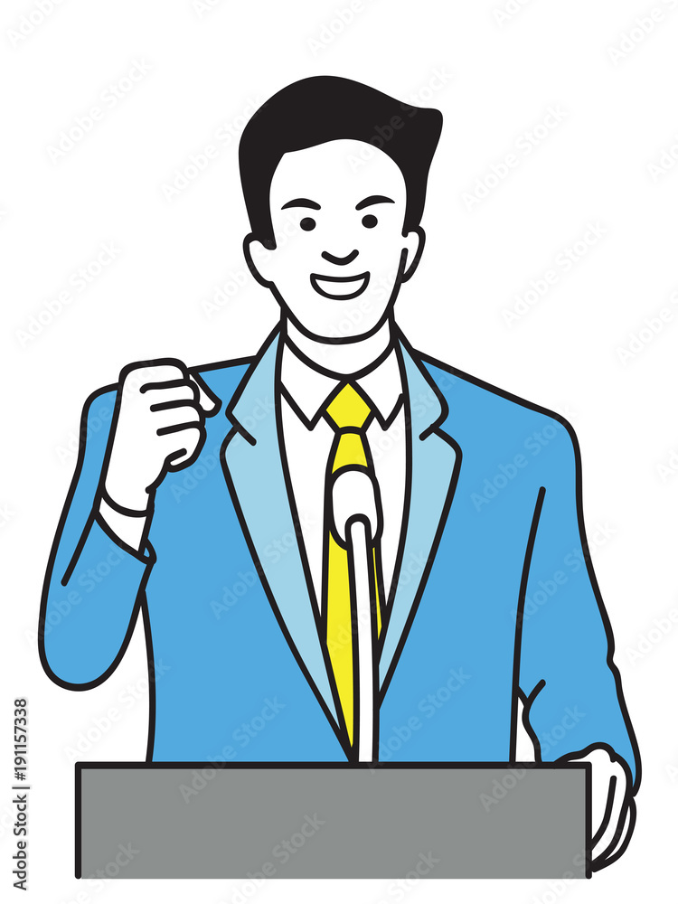 Confident politician holding fist on podium Confident politician holding fist on podium