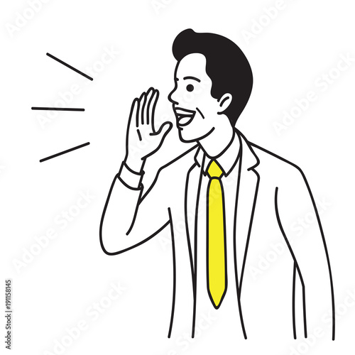 Businessman speaking with hand hold up