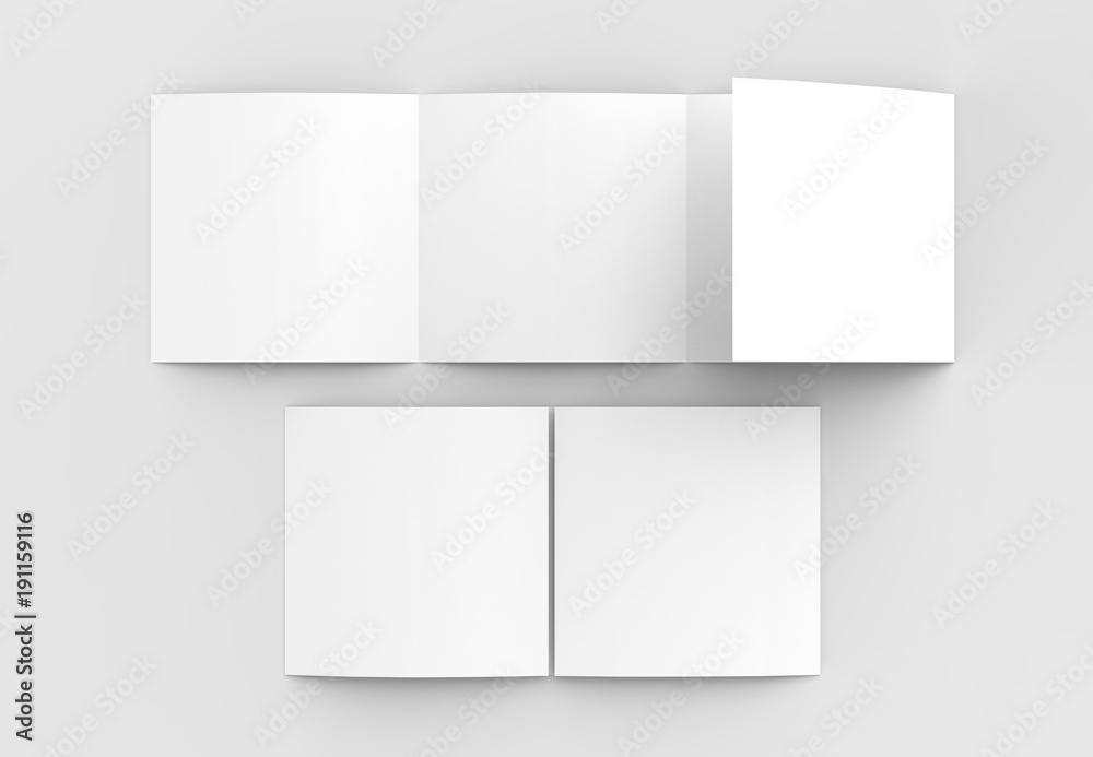 Square four folded - 4-Fold - brochure mock-up isolated on soft gray background. 3D illustrating. Square four folded - 4-Fold - brochure mock-up isolated on soft gray background. 3D illustrating.