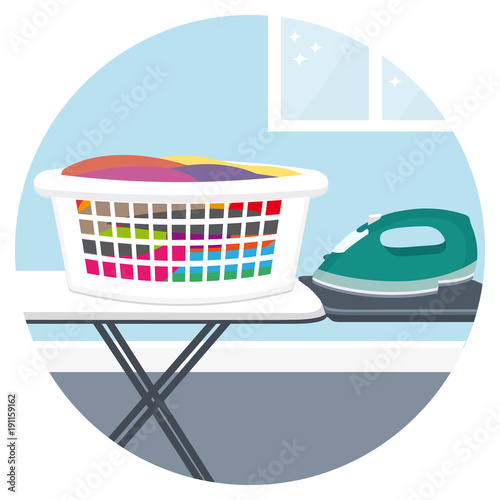 Ironing clothes. House cleaning services vector icon.