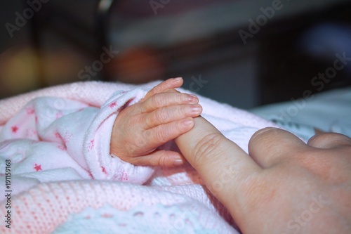 the fingers of a newborn baby holding your fingers mom © larisa