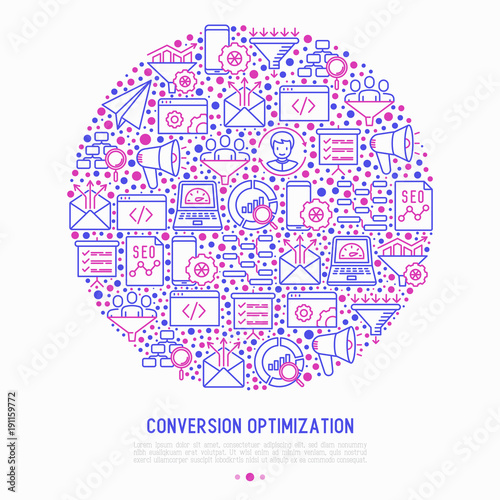 Conversion optimization concept in circle with thin line icons: marketing, customer management, SEO technology, website promotion, sales funnel, web traffic. Modern vector illustration for print media