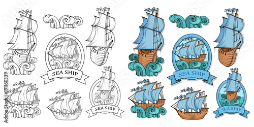 Set Of Sailing Ship. Retro Cargo Ship. Sailing ship. Sailing boat logo. Sea company vector logo design template. Color vector illustration