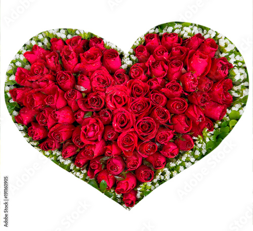Flower Heart Red Roses Isolated on White Background, Valentines Day.