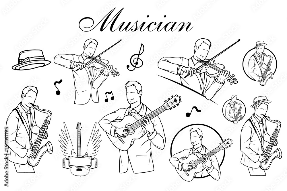 Obraz premium Set of Artists musician Playing. Saxophone player. Guitar player. Violinist player.. Musician plays the instrument. Musician logo. Musical staff.