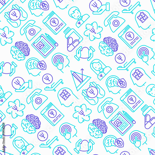 Psychologist seamless pattern with thin line icons: psychiatrist, disease history, armchair, pendulum, antidepressants, psychological support. Vector illustration.