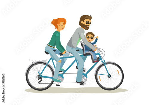 Father, mother and child riding tandem on white background. Happy family concept. Vector illustration.