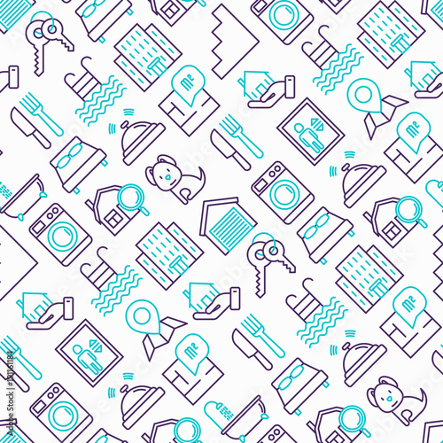 Real estate seamless pattern with thin line icons: apartment house, bedroom, keys, elevator, swimming pool, bathroom, facilities. Modern vector illustration.