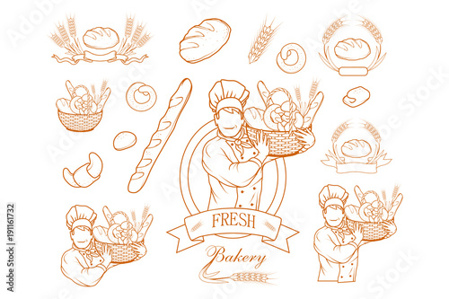 Set of Bakery chef cook. Fresh bread. Bakery products. Bread shop. Bake logo.