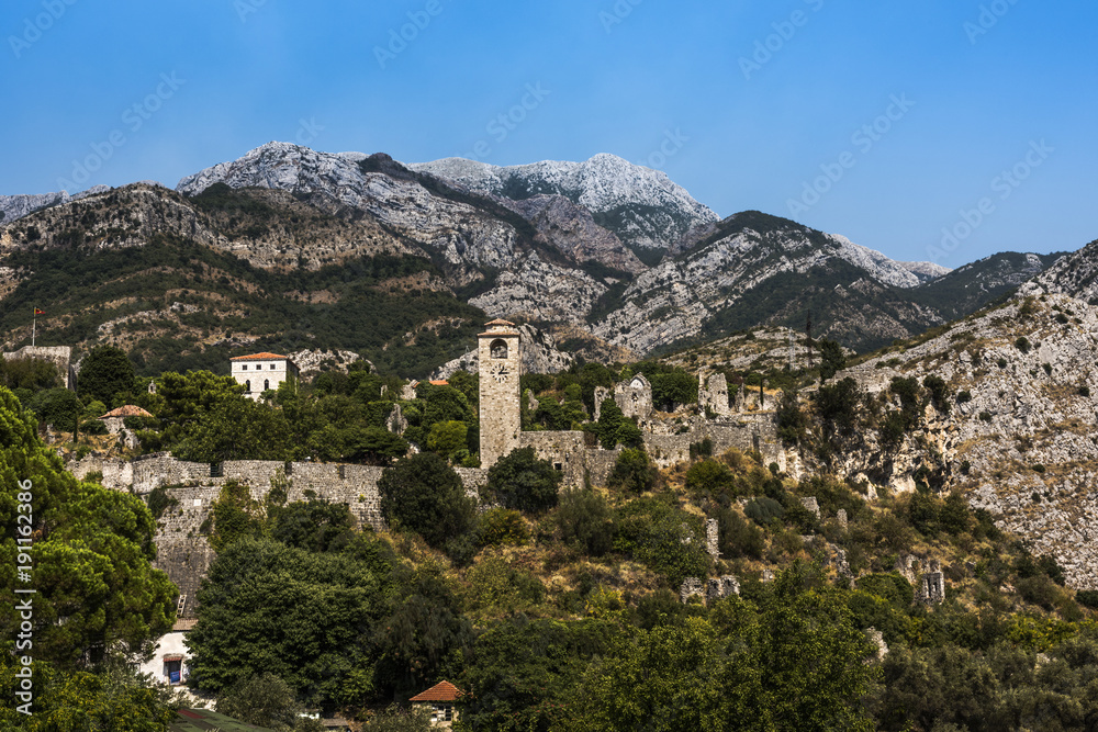 Panorama of Stari Bar fortress surrounded by mountains, Montenegro, Europe