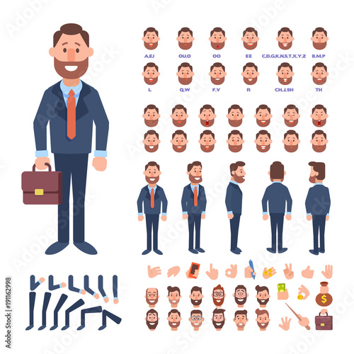Front, side, back view animated character. Business man character creation set with various views, hairstyles, face emotions, poses and gestures. Cartoon style, flat vector illustration.