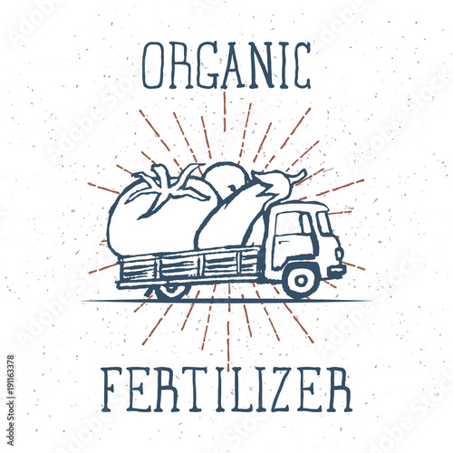 Hand Drawn Truck with Giant Vegetables with Organic Fertilizer Lettering. Vector