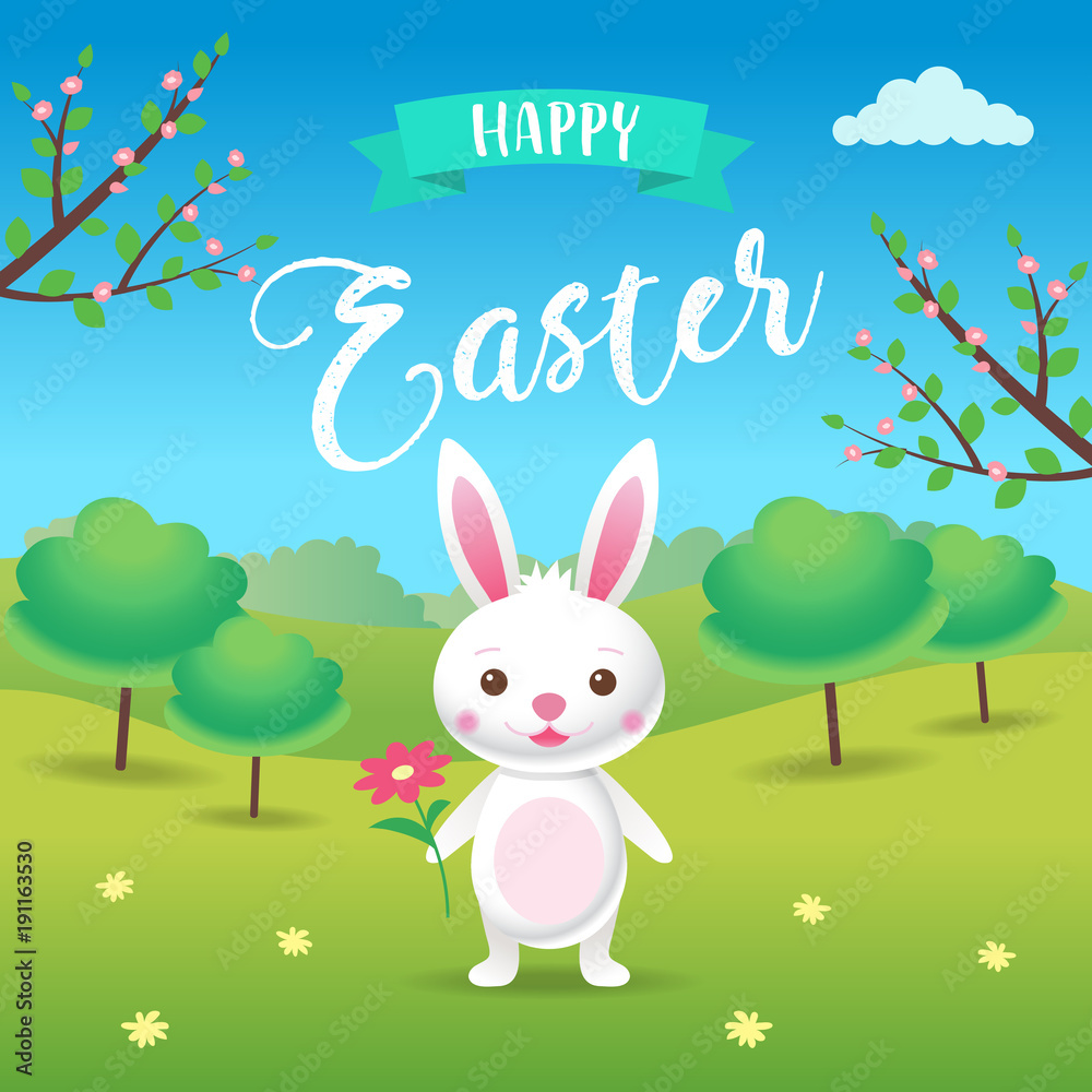 Happy Easter - a cute cartoon Easter bunny with spring landscape, eggs, flowers, chichen, trees. Vector illustration design template Happy Easter - a cute cartoon Easter bunny with spring landscape, eggs, flowers, chichen, trees. Vector illustration design template
