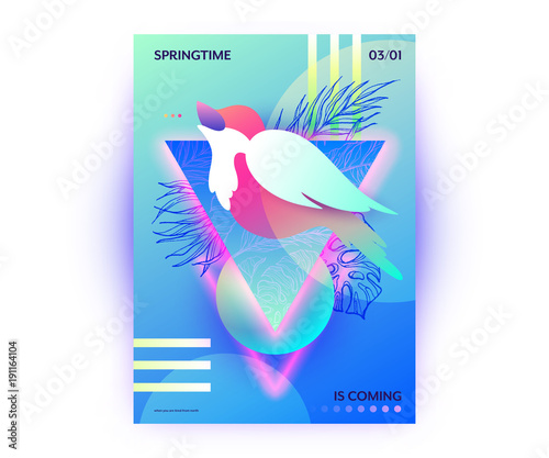 Bird in springtime vibrant gradients poster. Singing nightingale sitting on tree brunch, abstract web banner, wallpaper.
