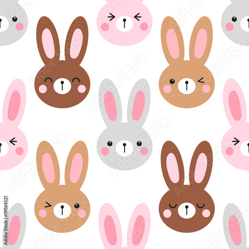 Cute Easter seamless pattern design with funny cartoon characters of emoji bunnies