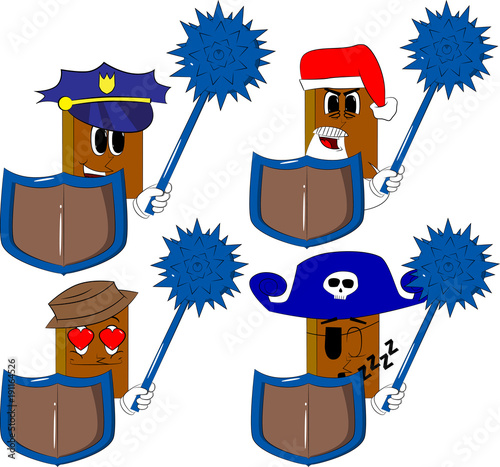 Books holding a spiked mace and shield. Cartoon book collection with costume faces. Expressions vector set.