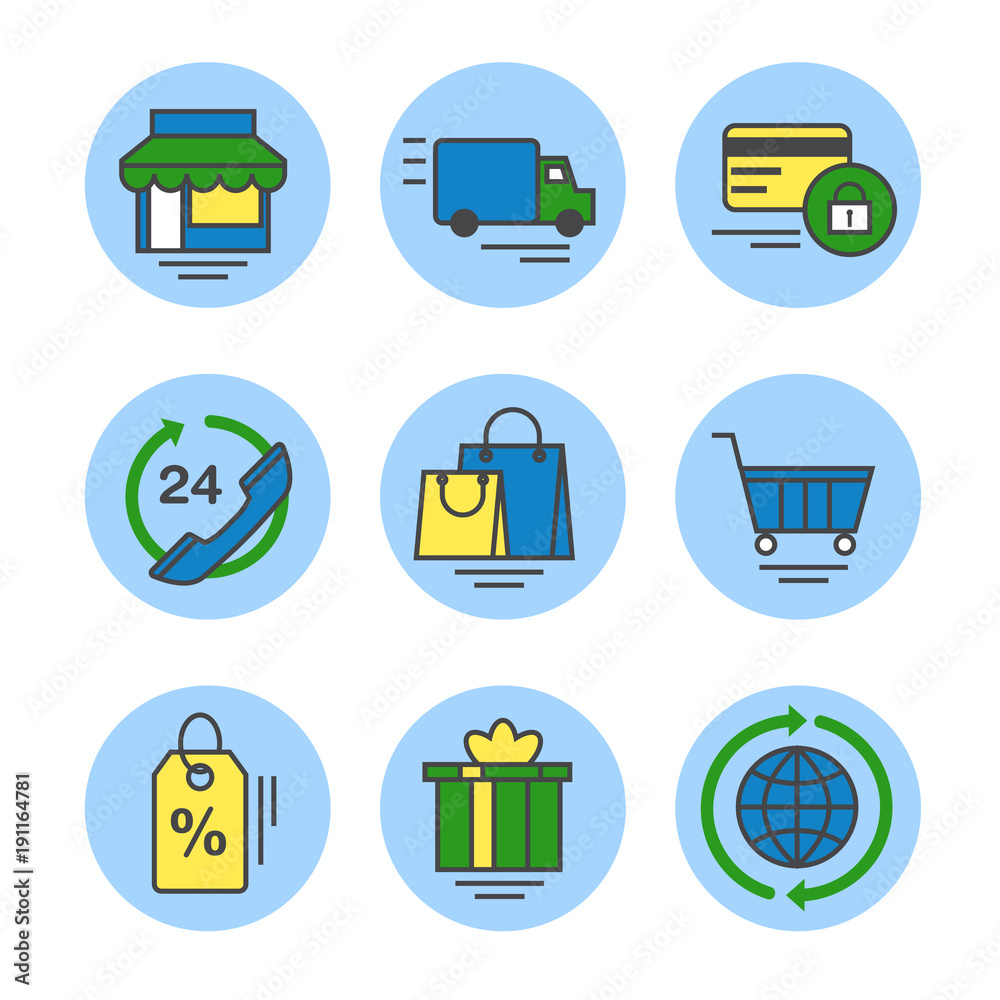 Online shop - set of simple vector icons in flat style. Store, delivery, payment, customer support, shopping, cart, discount, gifts Online shop - set of simple vector icons in flat style. Store, delivery, payment, customer support, shopping, cart, discount, gifts