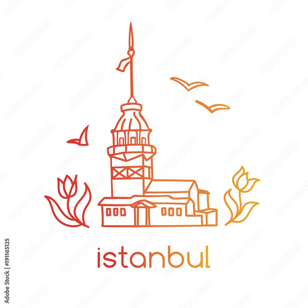 Vector illustration with hand drawn doodle outline of famous landmark in Istanbul - Maiden tower, tulip flowers and seagulls. Tourism and travel modern design with turkish symbols in gradient colors.
