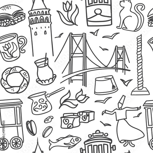 Seamless pattern Istanbul symbols. Vector illustration with hand drawn black doodle outline on white background. Modern clear line design for touristic print, backdrop, wrapping paper or wallpaper.