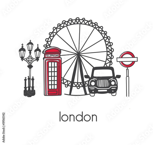 Modern vector illustration London with hand drawn doodle english symbols: double decker bus, telephone box, street lamp, cab, big wheel. Simple minimalistic design with black outline isolated on white