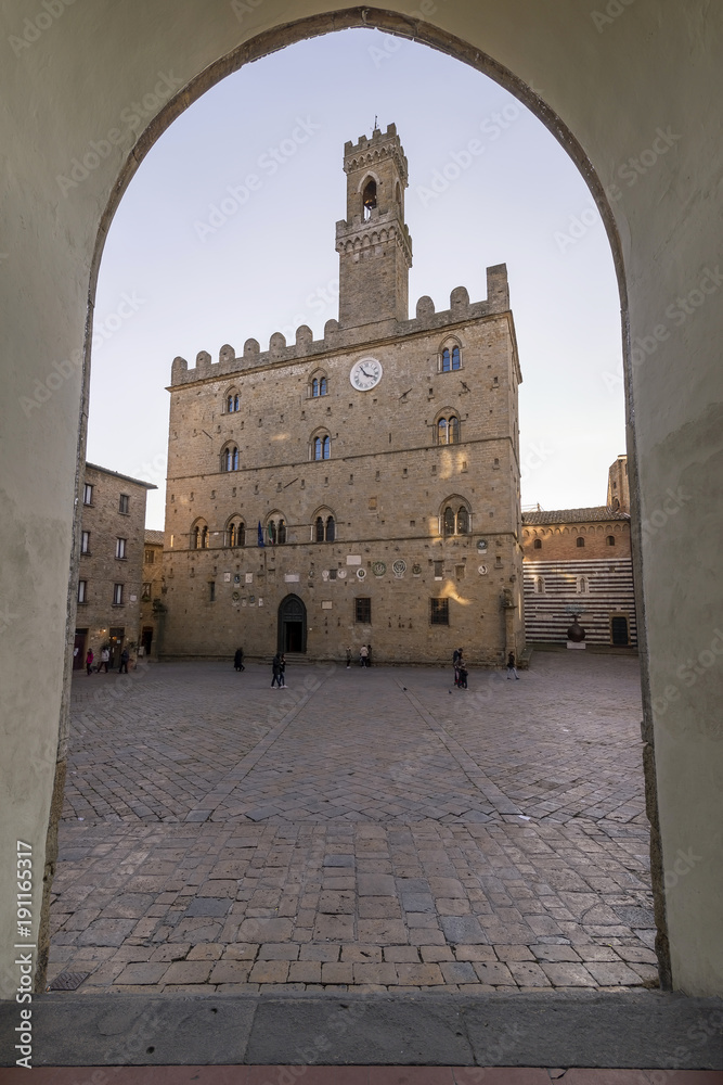 Framed Priori Palace and Square in the afternoon light, Volterra, Pisa, Tuscany, Italy