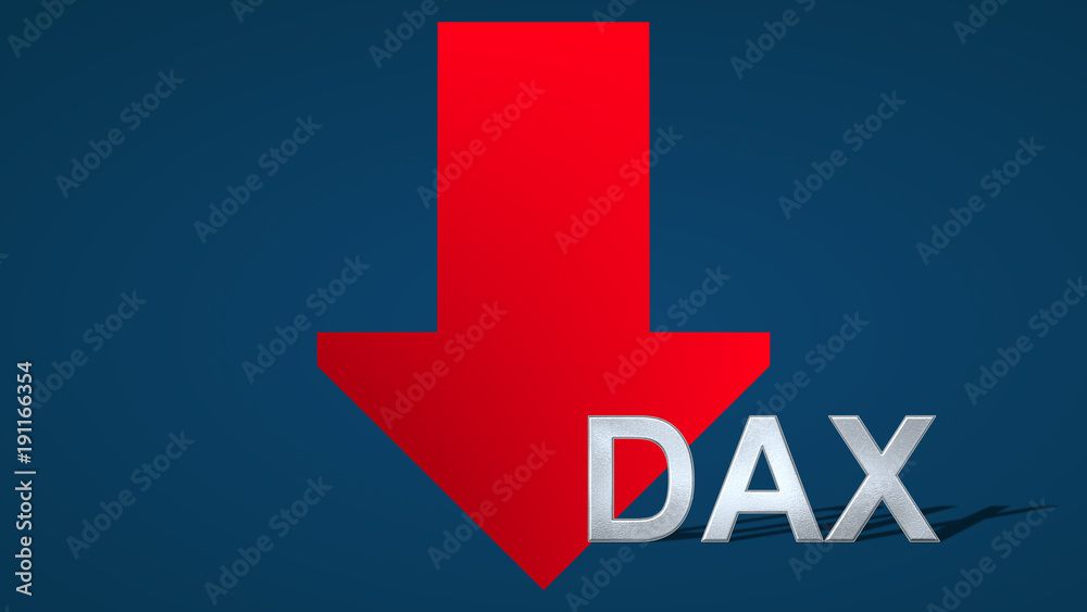 Obraz premium The German stock market index Dax is going down. A red arrow with the monetary symbol is showing downwards on a blue background and indicates the fall.
