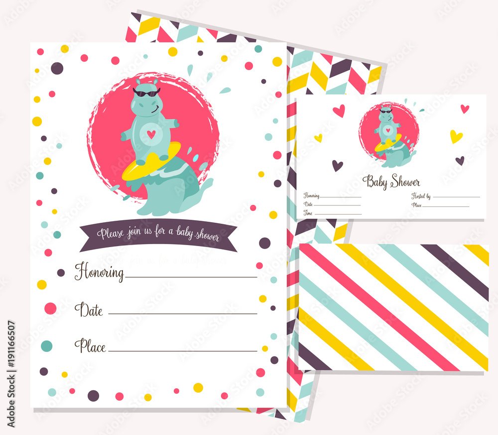 Baby shower invitation template with funny hippo