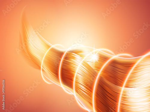 Hair with glittering effect. Bright sparkling curls. Radial light waves. Protection or barrier. Theme of care or hair dye. Advertising of cosmetics. Vector realistic 3d illustration.