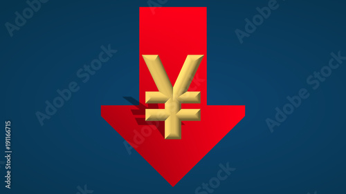 The Chinese Yuan or the Japanese Yen currency is going down. A red arrow with the monetary symbol is showing downwards on a blue background and indicates the fall.