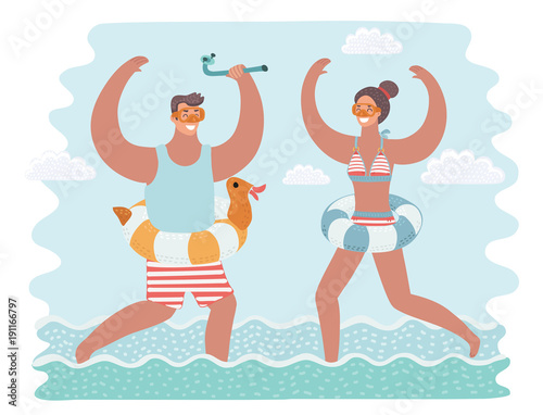Vector cartoon funny illustration of man and woman running together in the in the water. 
