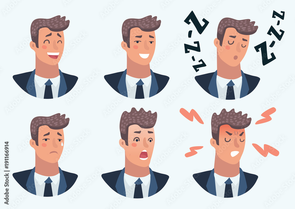 Set of male facial emotions. Man emoji character with different expressions