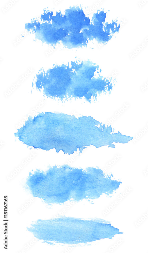 Set of hand painted blue watercolor brush stroke textures for your design. Isolated on the white background. Set of hand painted blue watercolor brush stroke textures for your design. Isolated on the white background.