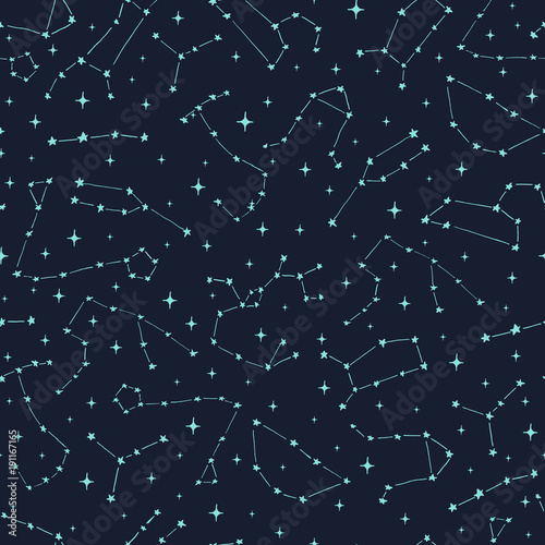 Hand drawn vector seamless pattern with zodiac constellations: aries, taurus, gemini, cancer, leo, virgo, libra, scorpio, sagittarius, capricorn, aquarius and pisces.