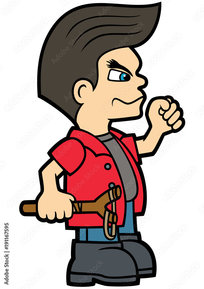 Bad bully boy with a slingshot / Illustration a hooligan boy with a raised fist in a flat cartoon style
Bad bully boy with a slingshot / Illustration a hooligan boy with a raised fist in a flat cartoon style