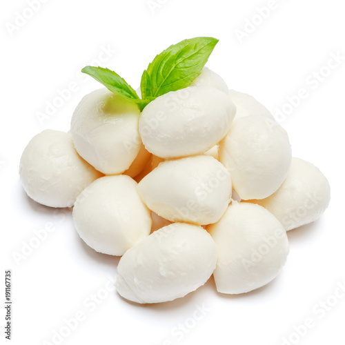 Traditional Italian Mozzarella cheese and basil on white background