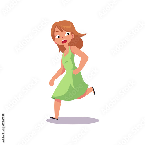 Vector flat frightened teenage girl in green dress running away. Female cartoon character chasing looking back scared, afraid of something in panik. Isolated illustration, white background.