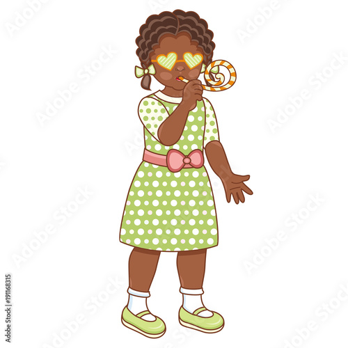 Vector flat african american black girl in summer dress, fancy heart glasses, with pigtails faving fun whistling. Isolated illustration, female child, kid character, white background
