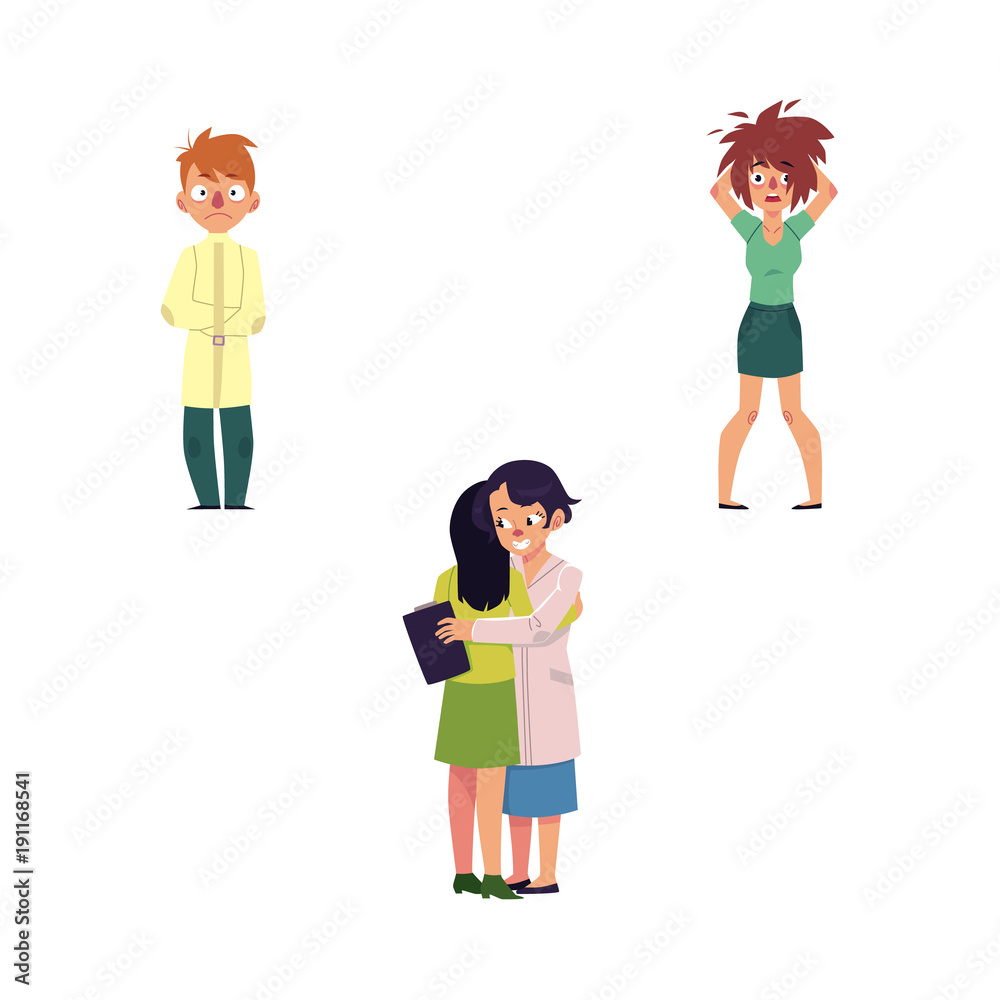vector flat mental illness set. Woman doctor with clipboard hugging female patient, girl with mental anxiety problem holding disheveled hair, male character with madness, man in straitjacket isolated vector flat mental illness set. Woman doctor with clipboard hugging female patient, girl with mental anxiety problem holding disheveled hair, male character with madness, man in straitjacket isolated